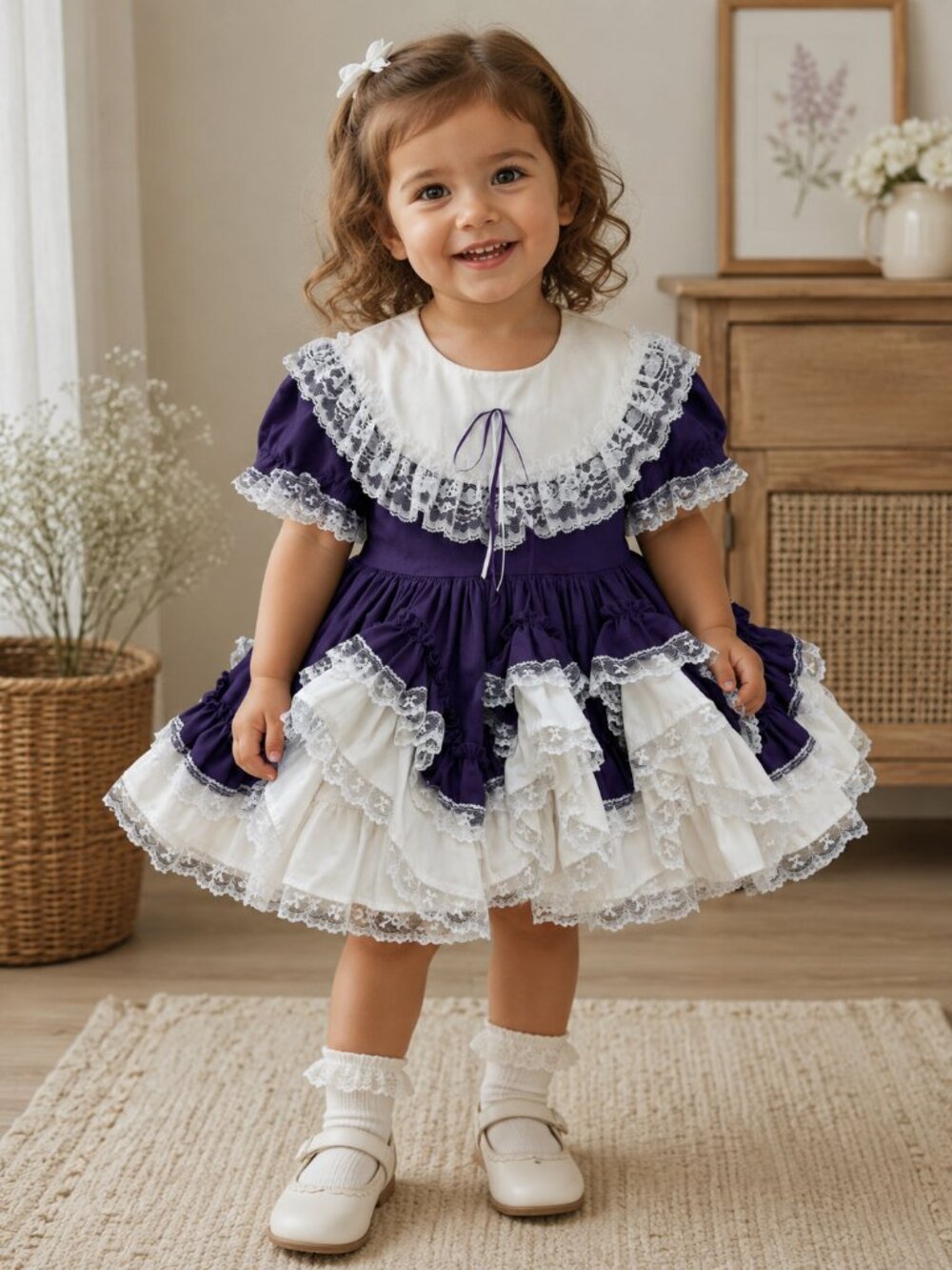 Vintage Dress Girls 3T Lace Ruffle Pageant Prairie Purple White Frilly